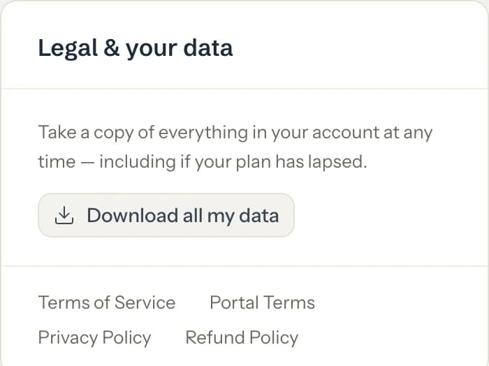 The Legal & your data card in Settings, with the Download all my data button