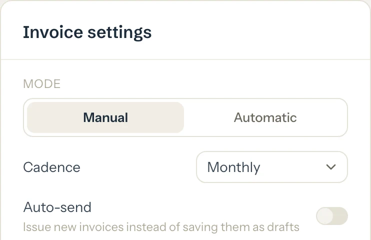 Invoice settings for a family: Mode and Cadence