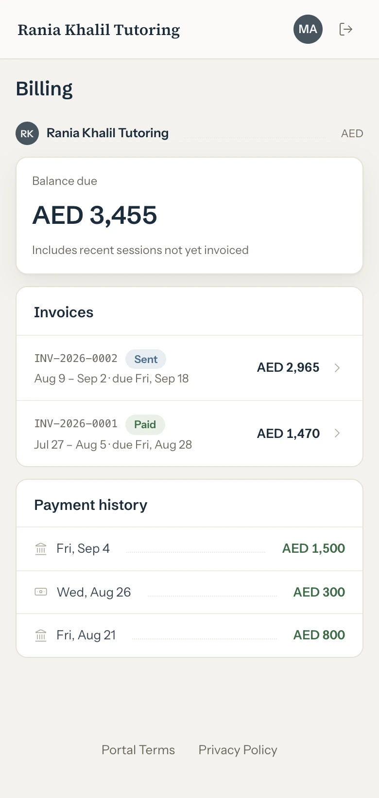 The parent portal's Billing page on a phone: balance due, invoices and payment history