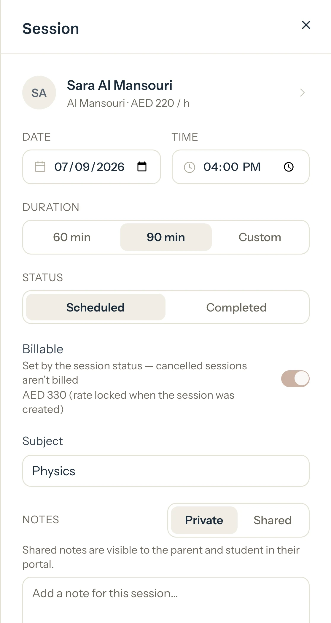 The lesson panel: student, date and time, duration, status and hourly rate